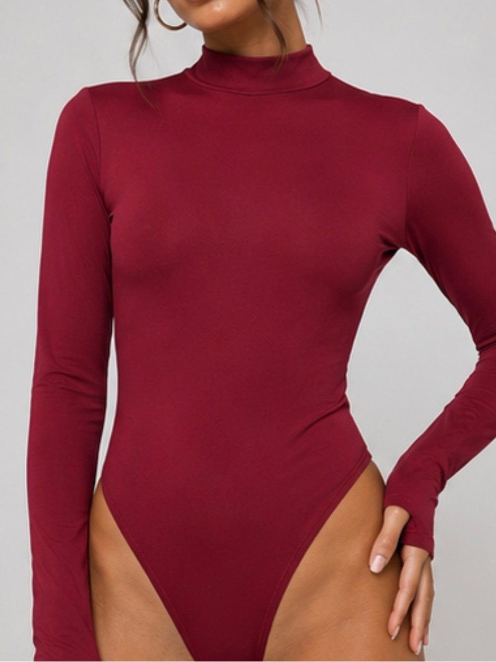 Nasty Gal Wine Mock Neck Long Sleeve Bodysuit